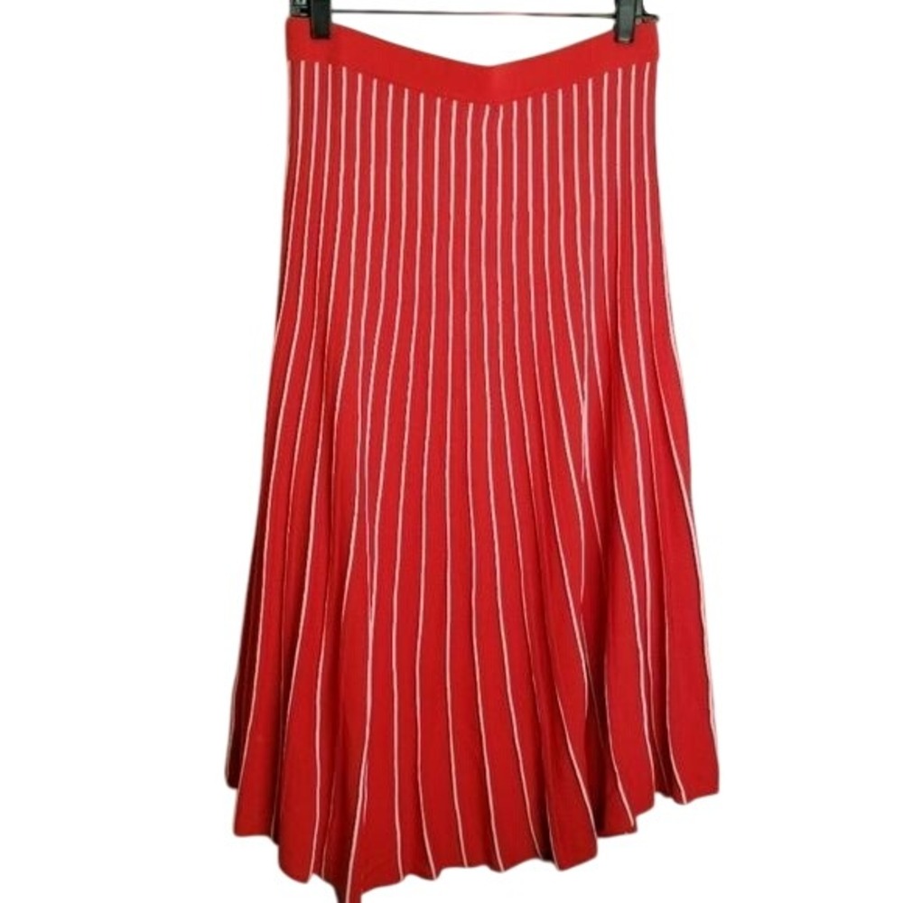 Katie Sturino Stitch Fix Skirt M Red White Striped Pleated Knit Midi Slinky Twee